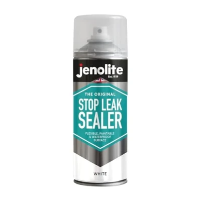 Image of JENOLITE Stop Leak Sealer Spray WHITE 400ml for Gutters and Flat Roofs Waterproof Gutter Sealant Fills, Seals &amp; Stops Leaks Long Lasting