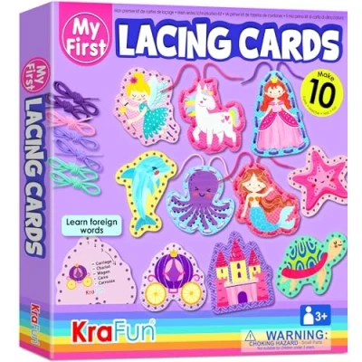 Image of KRAFUN Beginner Unicorn My First Lacing Card Kit for Kids Arts &amp; Crafts, 10 Easy Princess, Mermaid, Projects, Instructions Included, Toddlers Lace Project, Fine Motor Preschool Skills Toys