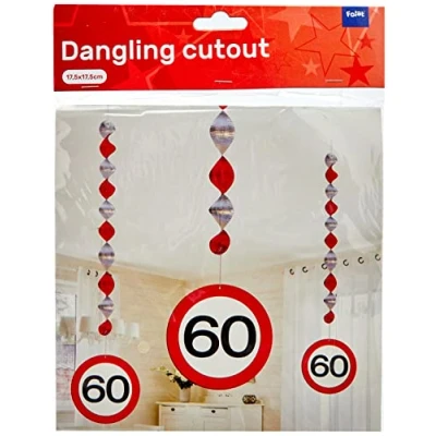 Image of Traffic Sign 60th Party hanging decor Pack of 3, 3 Designs on foil spiral decorations
