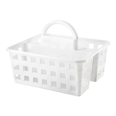 Image of HOMESHOPA Utility Plastic Shower Caddy Basket Organiser with 3 Compartment &amp; Handle, Portable Kitchen Cleaning Supply Handy Storage Tidy Tote Tray Carry Bucket for Bathroom, Kitchen, Dorm Room (White)
