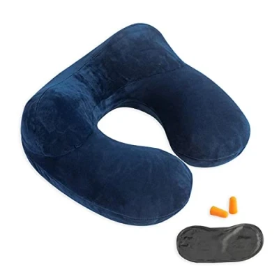 Image of Inflatable Travel Pillow 100% Soft Velvet Neck Support for Traveling, Airplanes, Trains, Cars, and Offices with Compact Carrying Bag, Breathable Washable Cover, Ideal Adult Sleepers Blue