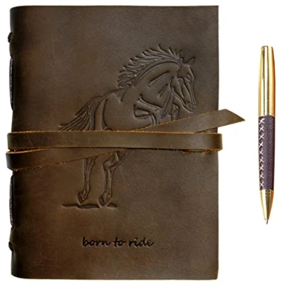 Image of Leather Journal Horse Notebook Embossed Handmade Travel Diary A5 Vintage Writing Bound for Men Women 6x8&quot; Rider Theme Genuine with Plain Paper Notes Sketchbook + Pen