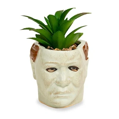 Image of Toynk Halloween Michael Myers 3 Inch Ceramic Mini Planter with Artificial Succulent Small Flower Pot, Faux Indoor Plant