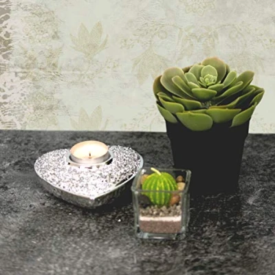 Image of Heart Shaped Tea Light Candle Holder Silver Diamante Sparkle Details Decor New