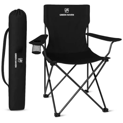 Image of Green Haven Folding Camping Chair Lightweight Picnic with 600D Polyester &amp; Rip Stop Heavy Duty Steel Frame Arm Outdoor w/Cup Holder Portable Comfy for Adults Black