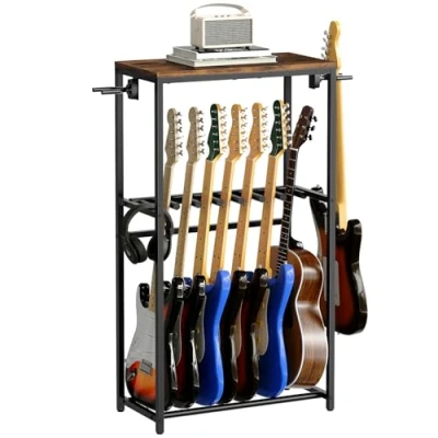 Image of MAHANCRIS Guitar Stand for Acoustic Holder, Electric Guitar, Bass, Multiple Rack, Floor Adjustable Guitars, Amp Accessories, Home Music Studio, Rustic Brown and Black AGSHR6701