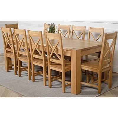 Image of Oak FURNITURE KING Kuba 220 x 100 cm Large Chunky Dining Table and 10 Chairs Set with Berkeley