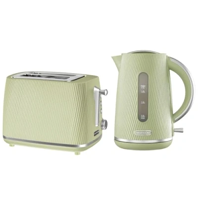 Image of Daewoo Cascade Kettle &amp; Toaster Set 1.7L Rapid Boil Electric 2 Slice Bundle Sage Ribbed Finish, Adjustable Browning, Reheat Defrost, Removable Crumb Tray, Limescale Filter
