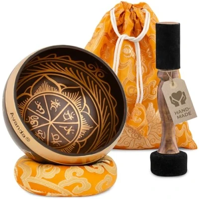 Image of Tibetan Singing Bowl Set Chakra for Yoga, Meditation and Relaxation Hand Painted Ø 10 cm, Double Beater with Felt Leather, Ring Cushion, Bag Instructions