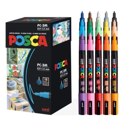 Image of Posca Uniball Uni 15 Piece Brush Tip Marker Set Assorted to Water Based Pigmentation Ink Fine Cone