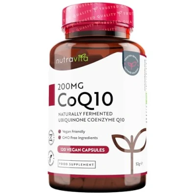 Image of CoQ10 200mg 120 Vegan Capsules of High Strength Co Enzyme Q10 (4 Months Supply) 100% Pure and Naturally Fermented Ubiquinone Coenzyme No Synthetic Additives Made in The UK by Nutravita