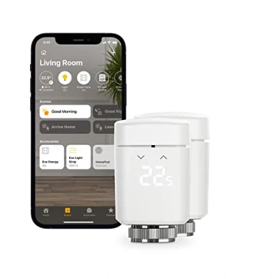 Image of Eve Thermo, pack of 2 Smart Radiator Valve with LED Display, automatic temperature control, no bridge required, integrated touch controls, Bluetooth, Apple HomeKit, Made in Germany
