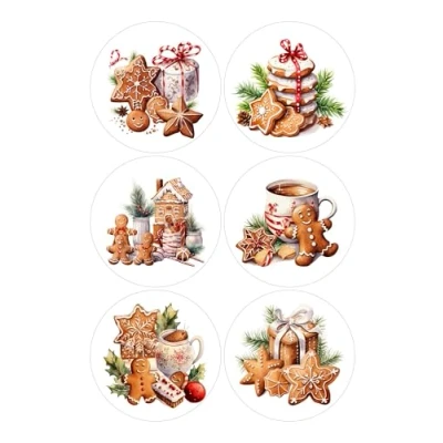 Image of 12 Christmas Gingerbread Selection Card Making Toppers Self Adhesive Circles Glossy Finish Medium 88mm (3.5 inches) Diameter Pack of (Two Sheets 6) Crafts Labels