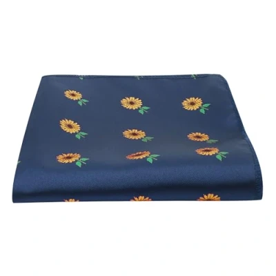 Image of King &amp; Priory Navy Blue Embroidered Sunflower Pocket Square, Handkerchief