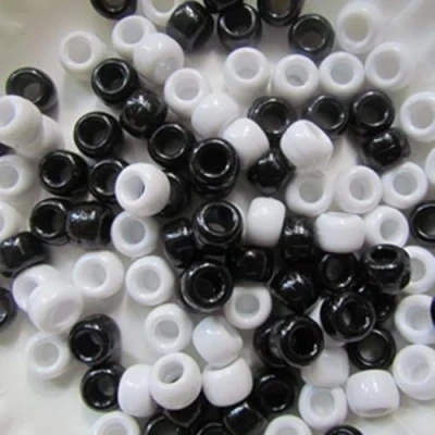 Image of 100 x Pony Beads 9mm 6mm Black and White Mix Plastic Barrel Round Craft