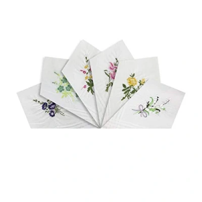Image of Warwick &amp; Vance Pack Of 6 Womens/Ladies White Handkerchiefs, Floral Embroidered Collection With Satin Stripe Borders, 100% Cotton, 29 x 29cm