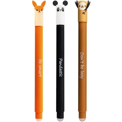 Image of Eberhard Faber 599019 Erasable Ink Roller, 3 Animal Erase It Pens, Panda, Fox, Sloth, Gel Pen, Blue, 0.7 mm