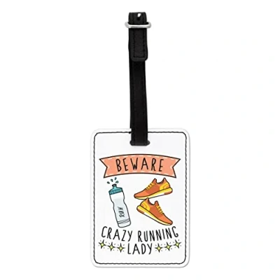 Image of Gift Base Beware Crazy Running Lady Visual Luggage Tag with Black Strap