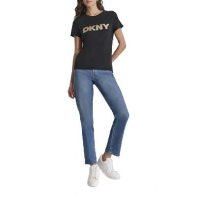 Image of DKNY Sequin LOGO CREW NECK TEE Print Tshirt, Women&#039;s, Size: Small, Black/gold