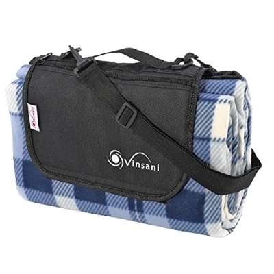Image of Vinsani 170 x 130cm Folding Picnic Blanket Waterproof &amp; Sandproof Backing Ideal for Camping Outdoor Checkered Rug Mat with Carry Handle