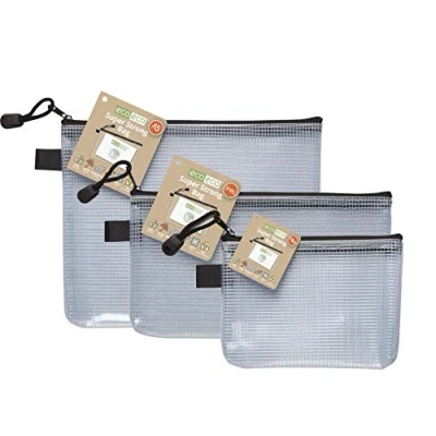 Image of eco Mini, A5 and Dl 95% Recycled Super Strong Bags Triple Pack, Waterproof Mesh Tuff Bag, Reinforced, Black Zip Closure ecoBundle36_37_38,230mm x 125mm