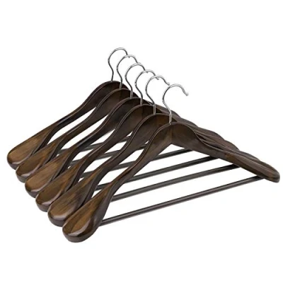 Image of SONGMICS Suit Hangers, Solid Wood Hangers with Broad Ends Non Slip Trouser Bar, Set of 6 for Outfits, Shirts, Coats, Jackets, Trousers, Pants, 360 Swivel Hook, Dark Walnut CRSH06V