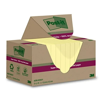 Image of Post it Self Stick Note, Notebook, 12 Pads x 70 Sheets each, 47.6 mm mm, Canary Yellow, Extra Sticky, 100% Recycled