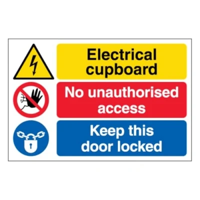 Image of V Safety Electrical cupboard/No unauthorised access/Keep this door locked Large Landscape 300 x 200 mm 3mm Aluminium Composite Sign