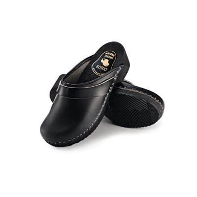 Image of ESTRO CDL07 Women&#039;s Leather Wooden Shoes Clogs Men&#039;s with Non Slip Sole, black, 10.5 UK