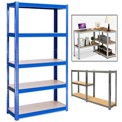 Image of BRIEFNESS Shelving Unit for Garage Shed Storage, 5 Tier Shelf Unit, Boltless Racking, Free Standing Work Bench, Heavy Duty Metal and MDF Shelves, 875kg Capacity, H 150 x W 70 D 30 Cm Blue