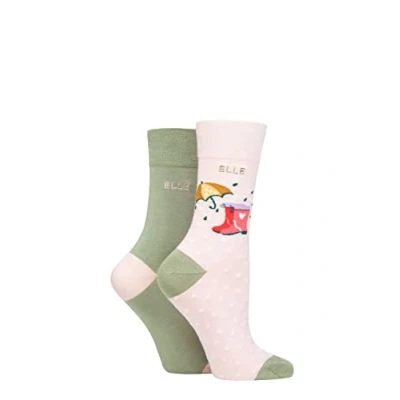 Image of Elle Ladies Bamboo Patterned and Plain Socks Pack of 2 Meadow 4 8