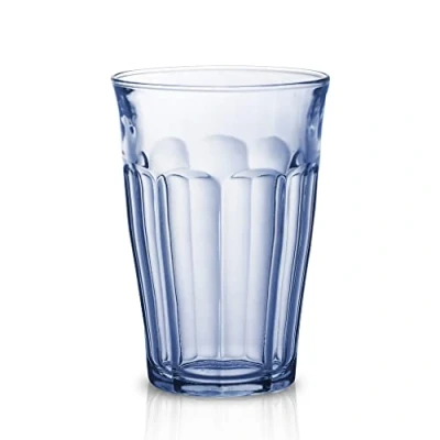 Image of Duralex Made in France Picardie Glass Tumbler Drinking Glasses Set of 6, 12 1/8 oz, Marine Blue