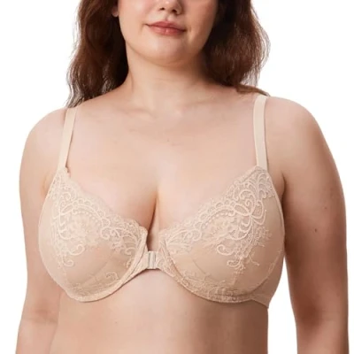 Image of Delimira Women&#039;s Front Fastening Bras Lace Unlined Full Coverage Plus Size Sheer Plunge Underwire Bra Beige 42DD