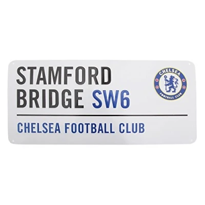 Image of Chelsea FC Official Stamford Bridge Metal Football Club Street Sign (One Size) (White/Black/Blue)
