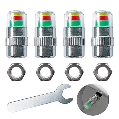 Image of QitinDasen 4Pcs Premium Car Tire Tyre Pressure Monitor Valve Stem Caps, Warning Safety 3 Colors Sensor Indicator, Dust Cover Air Anti theft Caps with Nuts &amp; Wrench