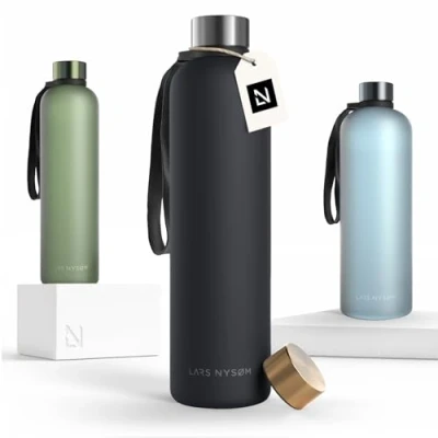 Image of LARS NYSØM Water Bottle 34oz Drinking 1 Liter Ultralight Tritan Sports Flask leak proof Ideal for sports, office, yoga 2 lids included (Carbon Black, 1000ml)