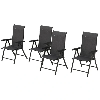 Image of Outsunny set of 4 Outdoor Wicker Folding Chairs, Patio PE Rattan Dining Armrests Chair with 7 Levels Adjustable Backrest, for Outdoors, Camping, Grey