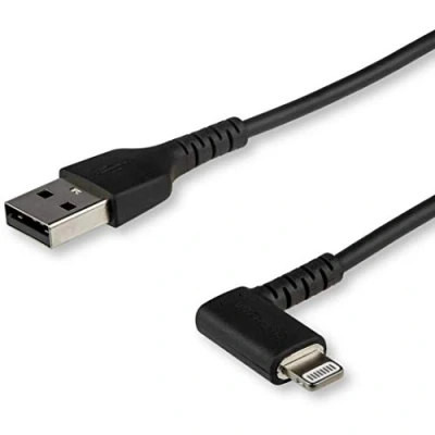 Image of StarTech.com 2m USB A to Lightning Cable Durable 90 Degree Right Angled Black Type Connector Sync &amp; Charger Cord w/Aramid Fiber Apple MFI Certified iPad iPhone 11 (RUSBLTMM2MBR)