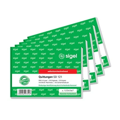Image of SIGEL SD121/5 Receipt Pad Consecutively Numbered, Unique 7 Digit Number, A6 Landscape, Pack of 5, 2 x 50 Sheets, Self Copying, Made from Sustainable Paper