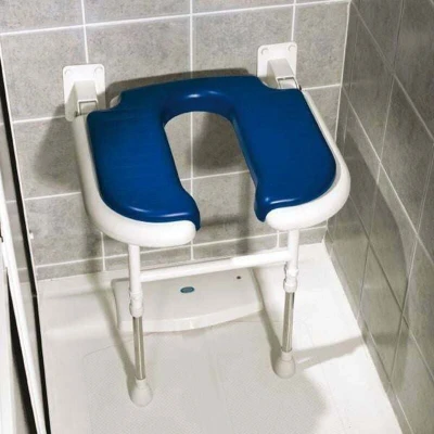 Image of AKW Horseshoe Folding Moulded Blue Padded Shower Seat with Support Legs 04100P