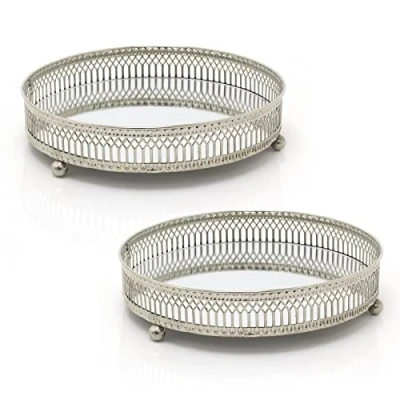 Image of 20 cm Set Of 2 Mirror Glass Candle Plate Stand Silver Metal Piece Round Display Mirrored Tray Vanity Perfume