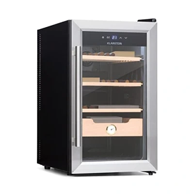 Image of Klarstein El Presidente Cigar humidor thermoelectric Cabinet with Glass Door, humidifier Cedar Wood Shelves, Hygrometer, LED Interior Light, 48 litres, Silver