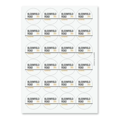 Image of Bloomfield Road FY1 Blackpool Sign Circular Matt Paper Stickers A4 Sheet of 24 (Each Sticker is 45mm Diameter)