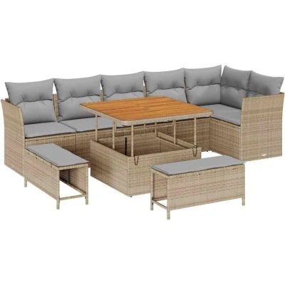 Image of vidaXL 9 Piece Garden Sofa Set with Cushions Beige Poly Rattan Acacia
