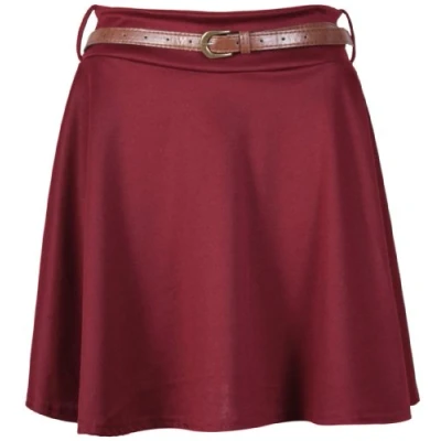 Image of Womens Plain Waist Detachable Belted Ladies Stretch Flared Flippy Short Skater Jersey Mini Skirt Burgundy Size 8 10 (S/M)