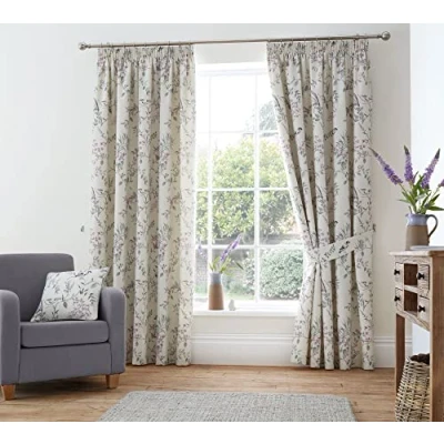 Image of Dreams &amp; Drapes Natural Floral Birds Curtains W46 x L54 (117 137cm) 2x Pencil Pleat 100% Cotton Tie Backs Purple Vintage Songbirds
