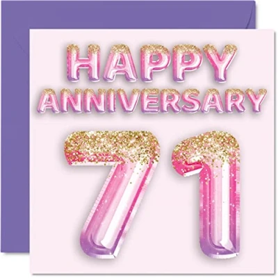 Image of Pretty 71st Anniversary Card for Wife Girlfriend Husband Boyfriend Pink Purple Glitter Balloons Happy 71 Cards from Family, 145mm x Greeting Seventy First Anniversaries