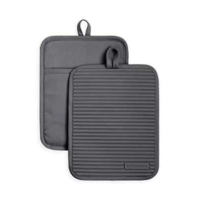 Image of KitchenAid Ribbed Soft Silicone Pot Holder Set, Charcoal Grey 7&quot;x9&quot;