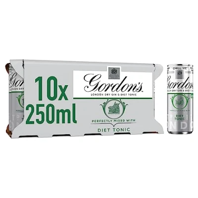 Image of Gordon&#039;s London Dry Gin &amp; Diet Tonic 5% vol 10 x 250ml Can Ready to Drink Cans Juniper Botanicals Best Served Chilled from the or in a Glass