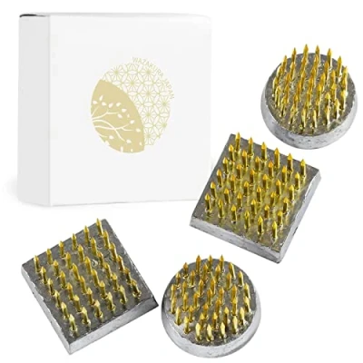 Image of Wazakura 4PCS Mini Ikebana Kenzan Japanese Flower Holder Pin Cushion, Made in Japan, Arranging Accessories Frog, Round Square 1&quot;(24mm) Brass